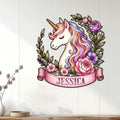 Colorful floral unicorn metal wall sign displayed on a light paneled wall in a home decor setting