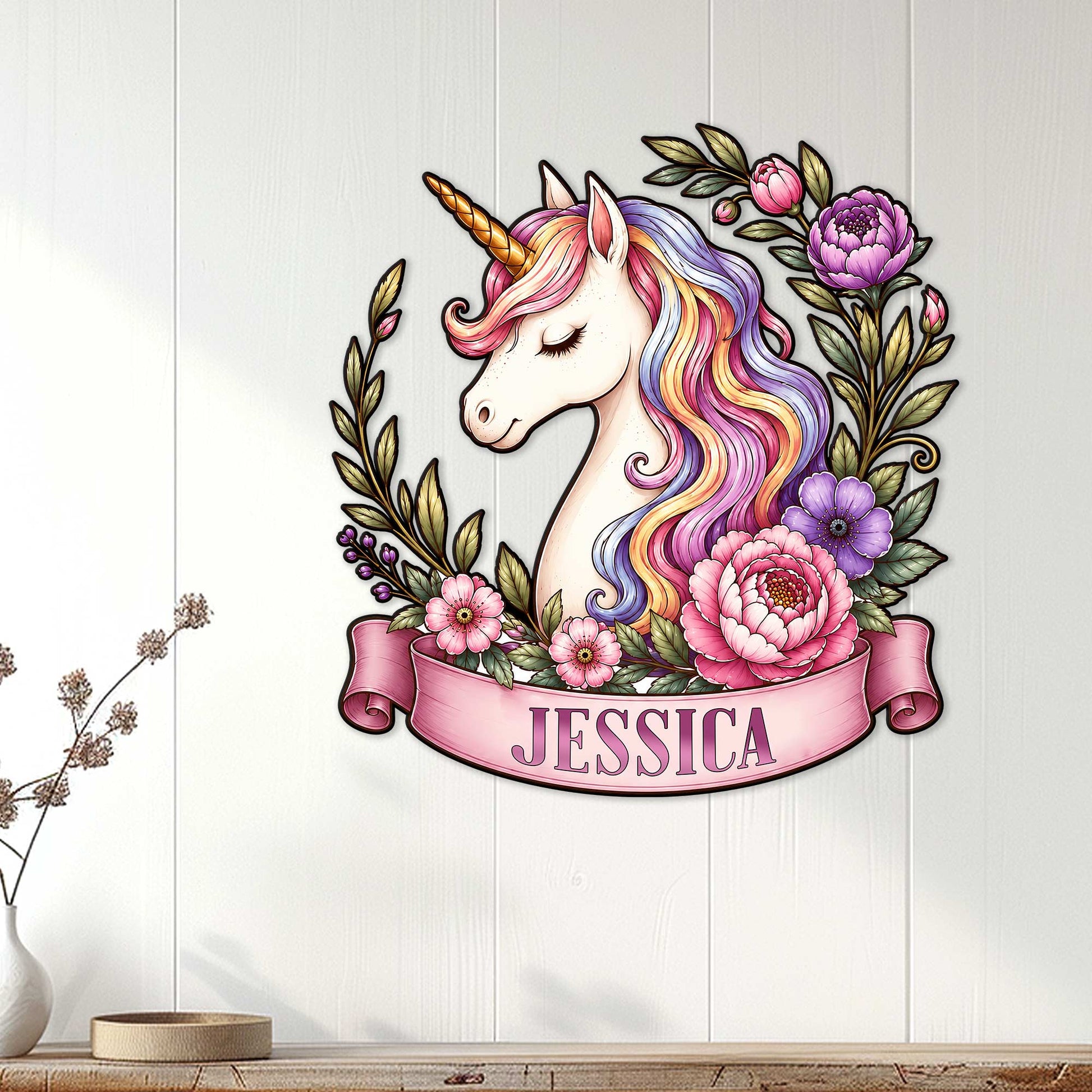 Colorful floral unicorn metal wall sign displayed on a light paneled wall in a home decor setting