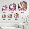 Floral unicorn metal sign size guide showing available square sizes from 8 by 8 to 24 by 24 inches