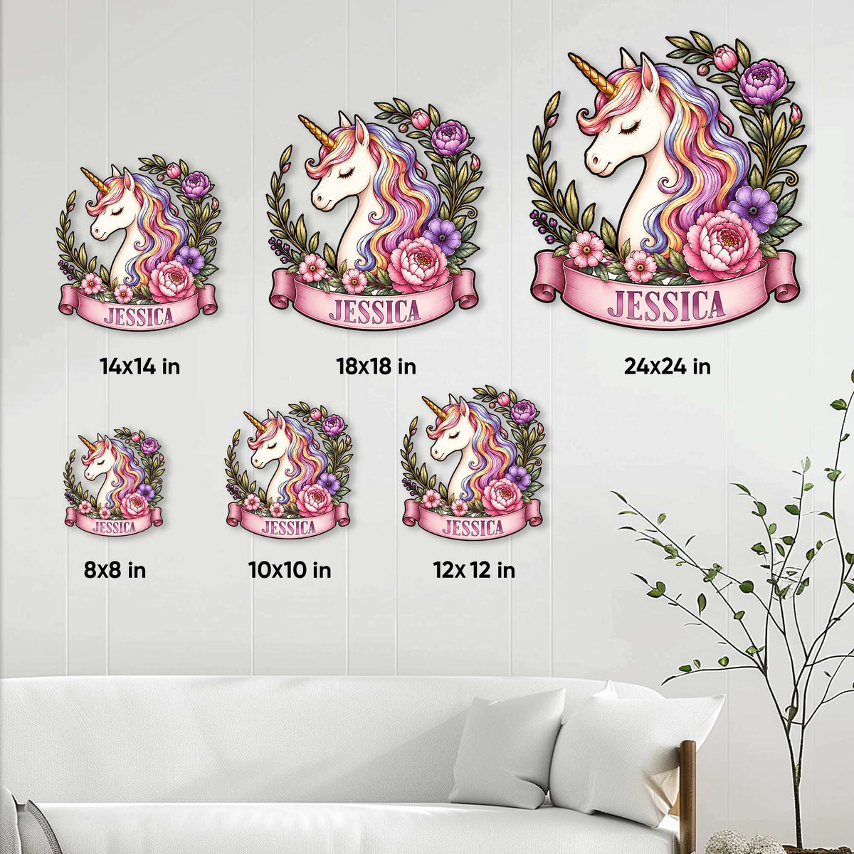 Floral unicorn metal sign size guide showing available square sizes from 8 by 8 to 24 by 24 inches
