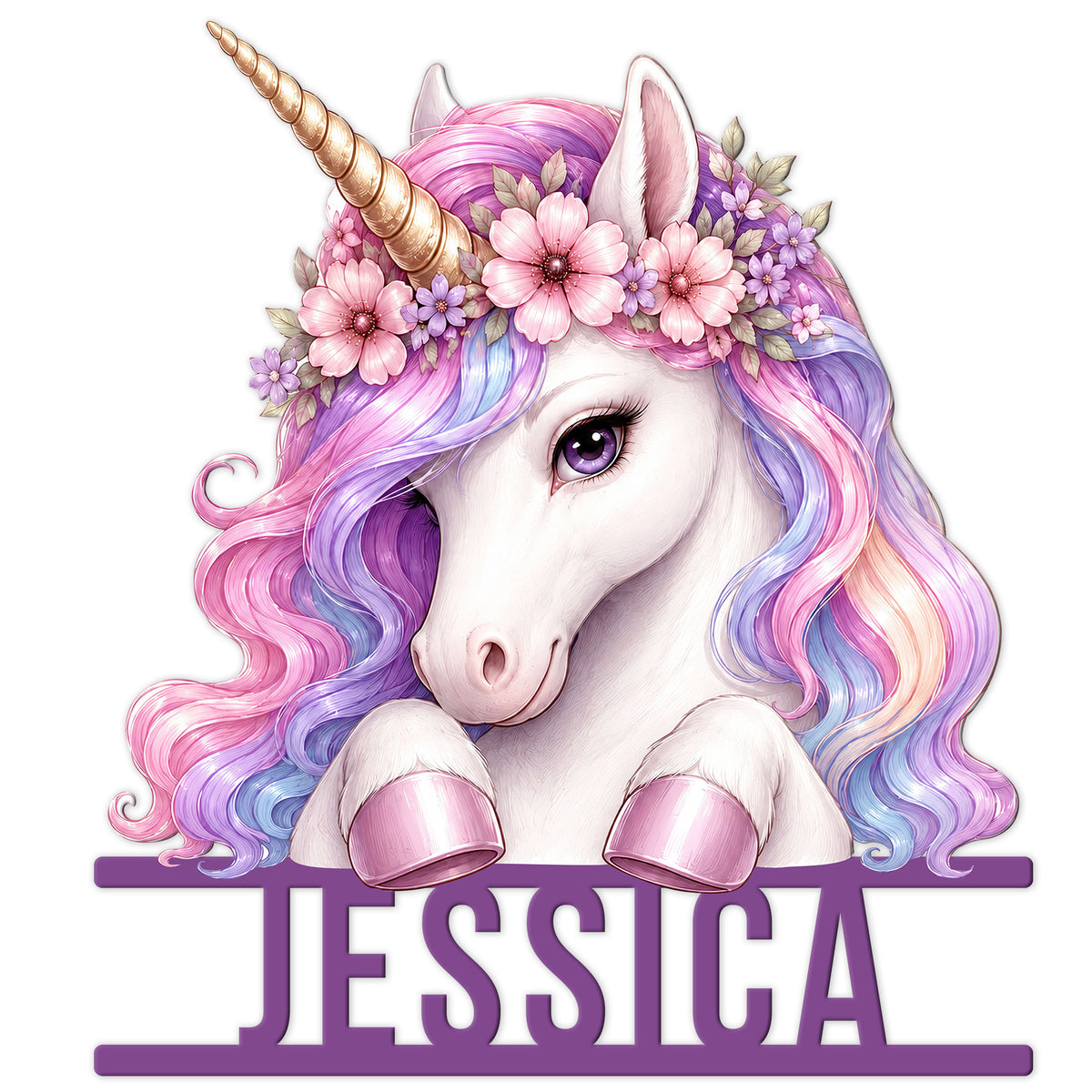 Colorful unicorn metal sign featuring a flower crown, flowing pink and purple mane, and decorative name design