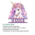 Unicorn cut metal sign feature graphic showing the floral fantasy design and indoor or outdoor display details