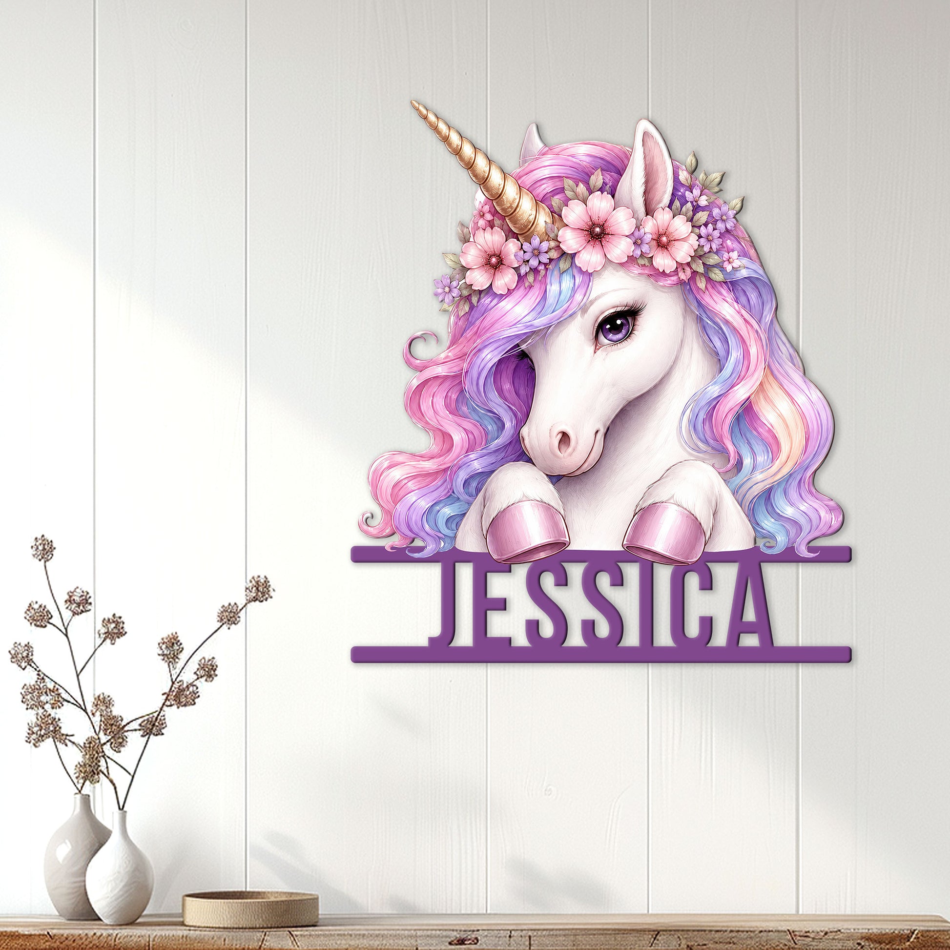 Floral unicorn metal wall sign displayed on a white paneled wall in a bright home interior