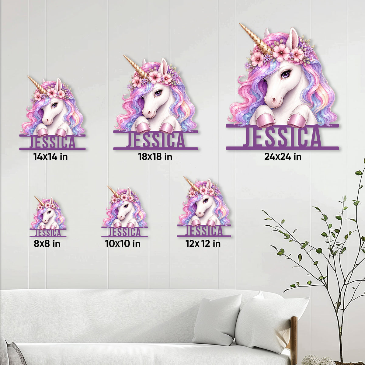 Unicorn metal sign size guide showing options from 8 by 8 inches through 24 by 24 inches