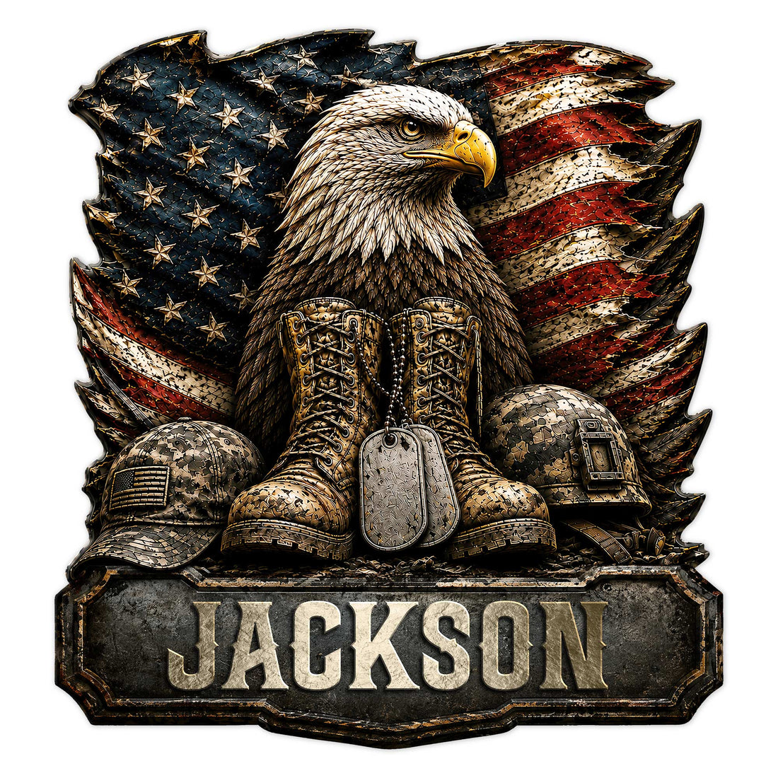 Patriotic veteran metal sign featuring a bald eagle, American flag, military boots, helmets, and dog tags