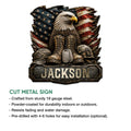 Patriotic military wall sign shown with cut metal sign details and a bold bald eagle veteran design