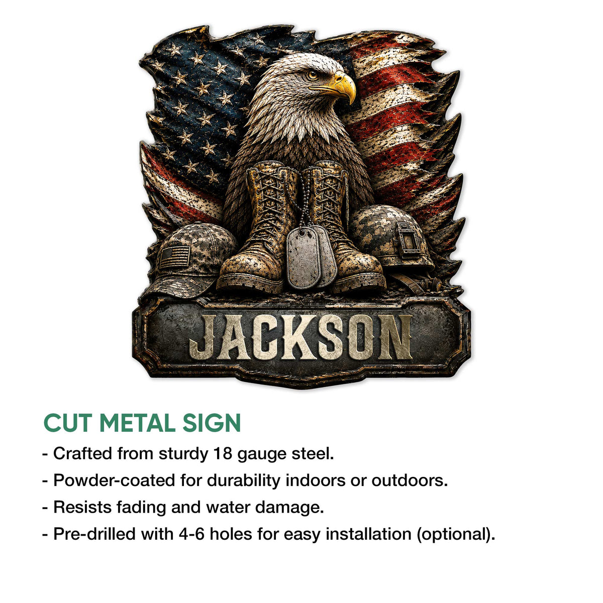 Patriotic military wall sign shown with cut metal sign details and a bold bald eagle veteran design