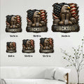 Size guide showing patriotic veteran metal signs in multiple dimensions with an eagle, flag, boots, and helmets