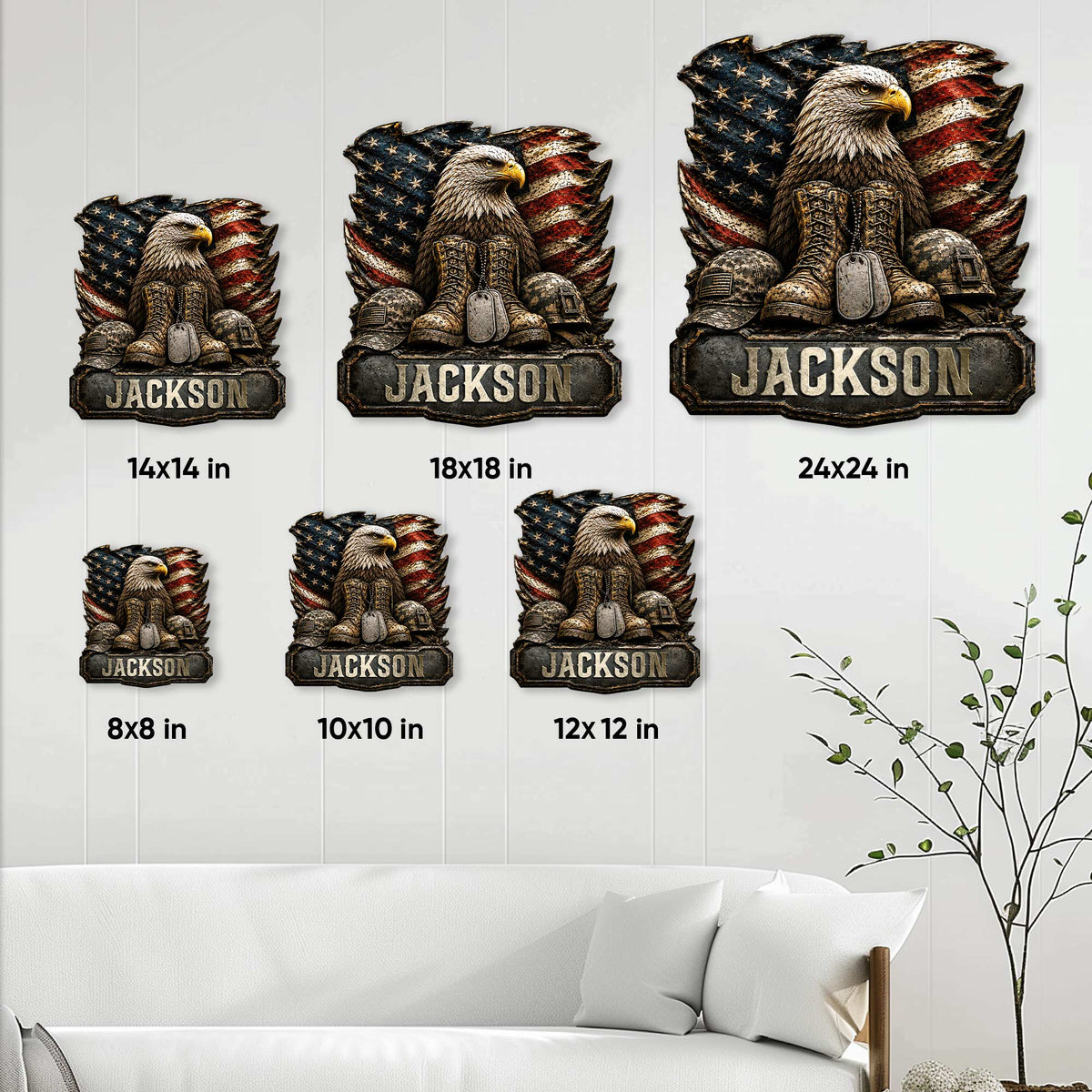 Size guide showing patriotic veteran metal signs in multiple dimensions with an eagle, flag, boots, and helmets