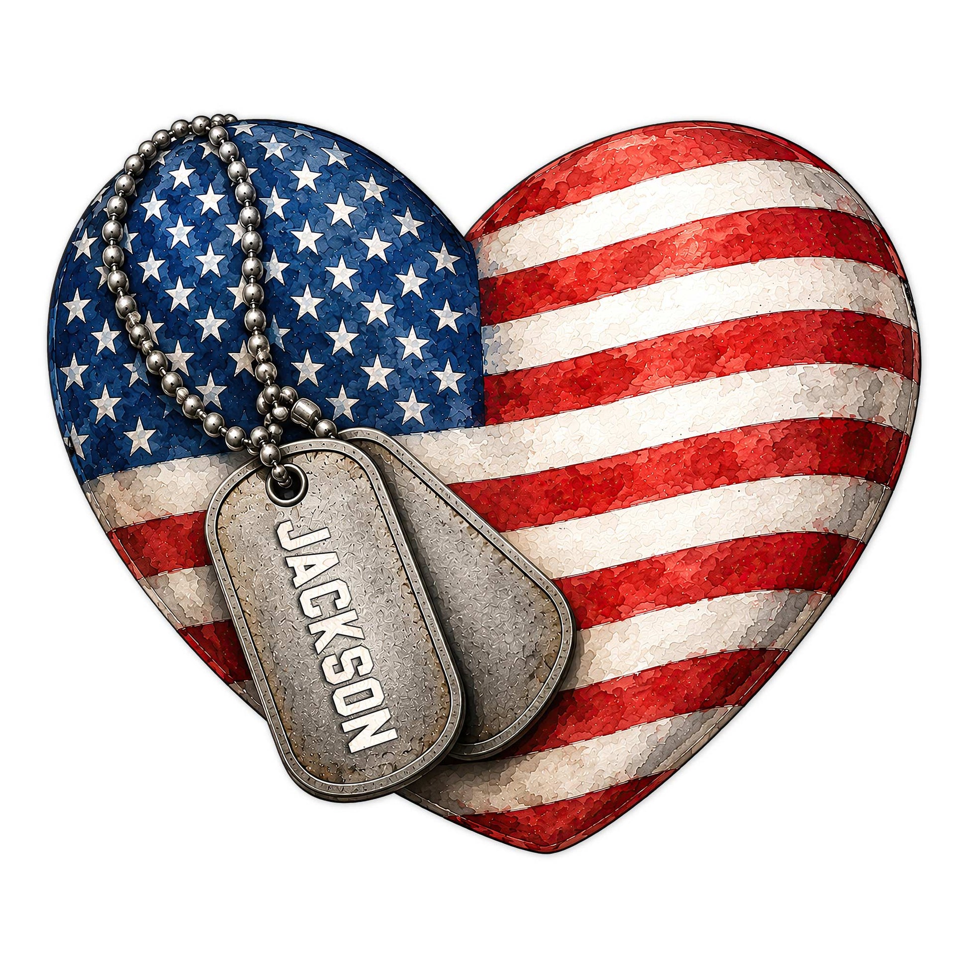 Patriotic heart metal sign featuring an American flag design and layered military dog tags