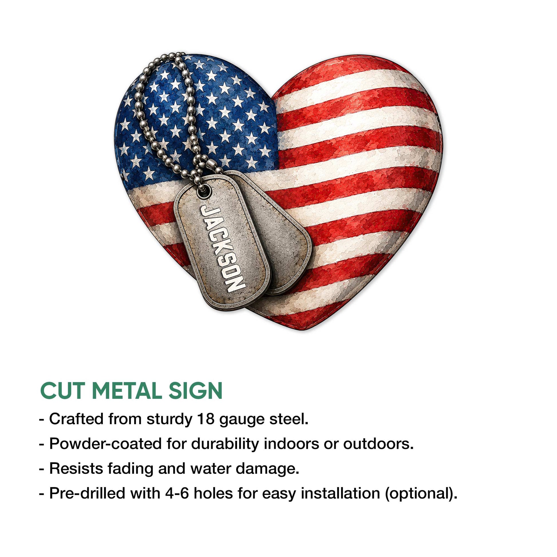 Cut metal veteran sign with an American flag heart and dimensional dog tag artwork