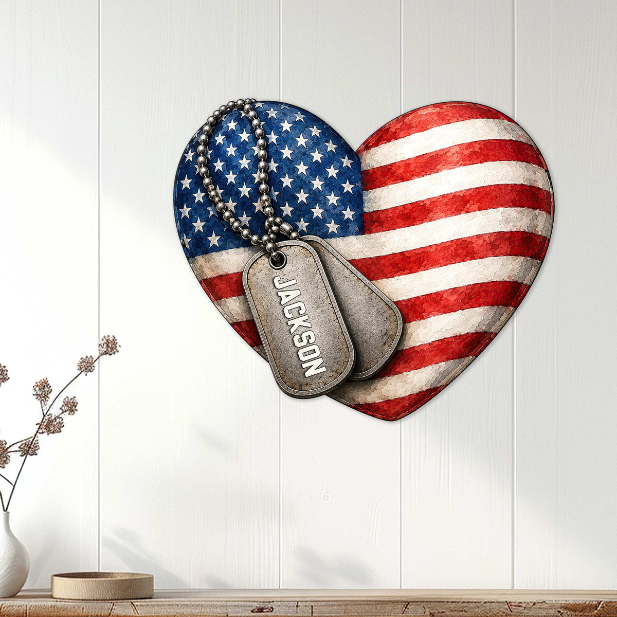 Patriotic veteran wall decor displayed on a white paneled wall above a console
