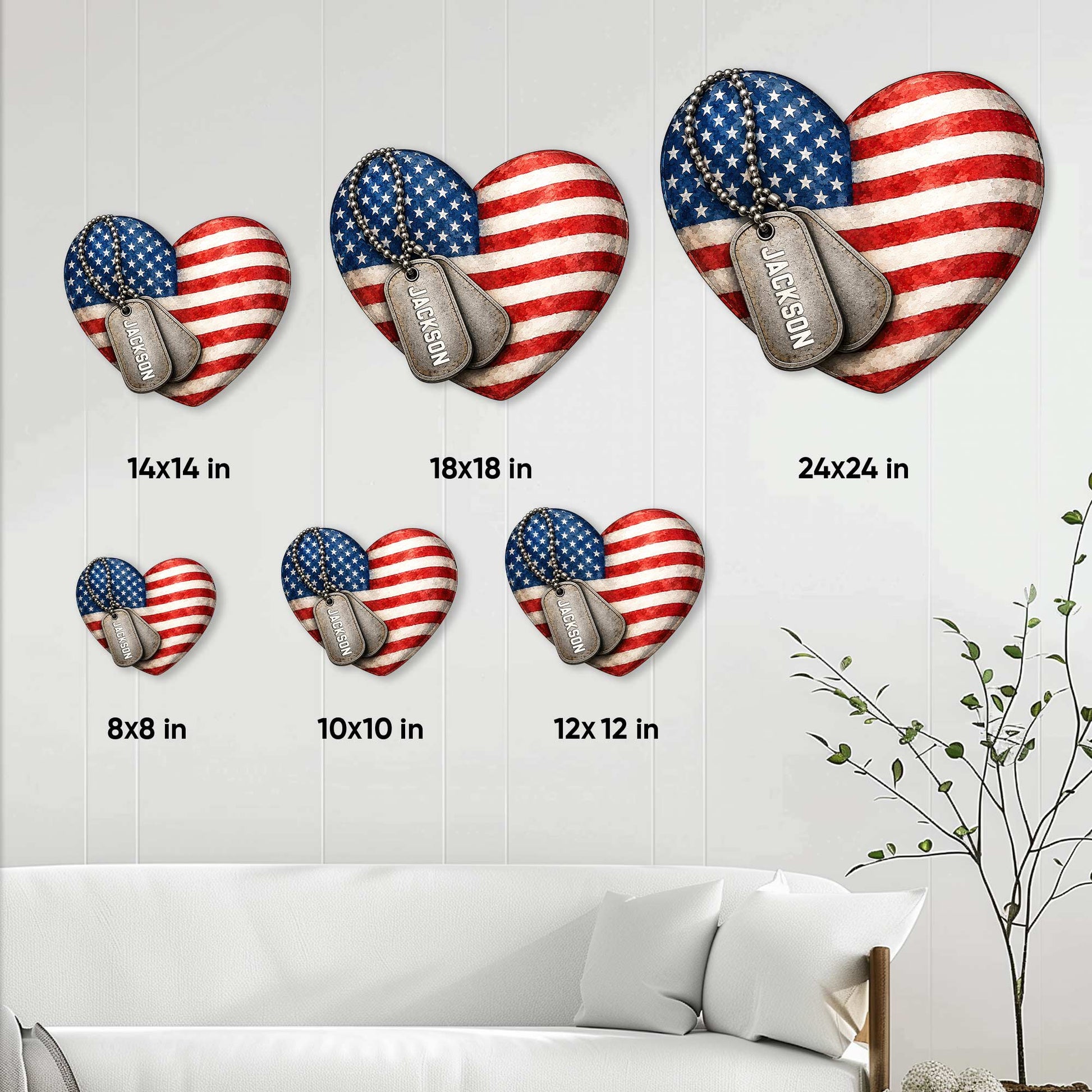 Veteran heart metal sign size guide showing available dimensions from 8x8 to 24x24 inches