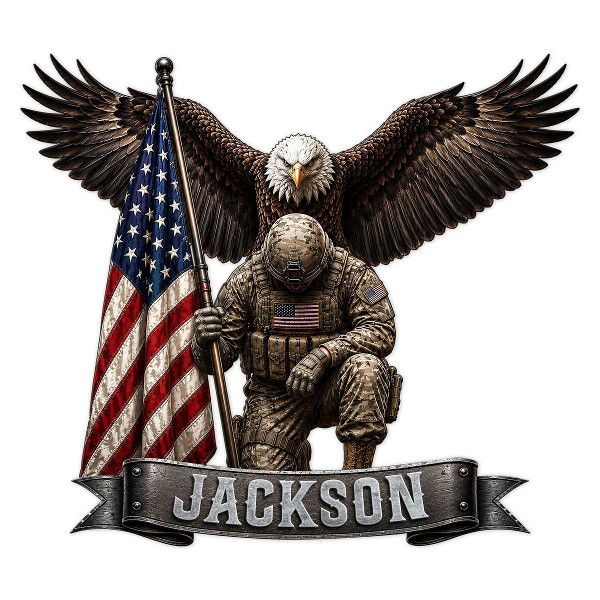 Patriotic veteran metal sign featuring a kneeling soldier, American flag, bald eagle, and bold banner design