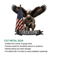 Veteran metal sign product graphic showing a soldier, bald eagle, American flag, and cut-metal sign details
