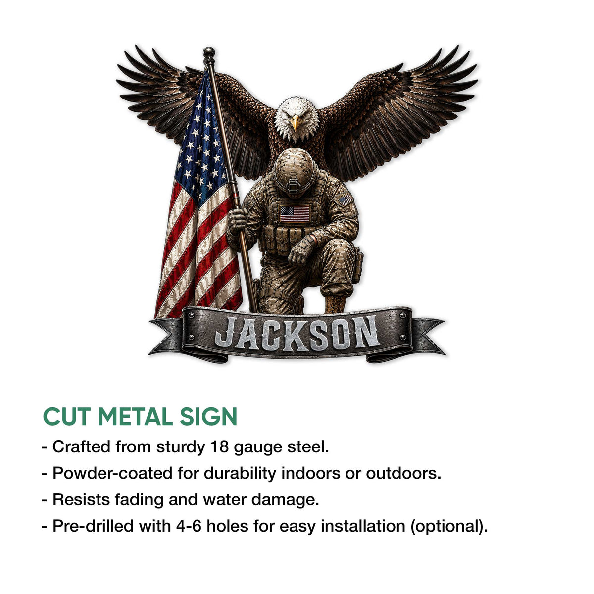 Veteran metal sign product graphic showing a soldier, bald eagle, American flag, and cut-metal sign details