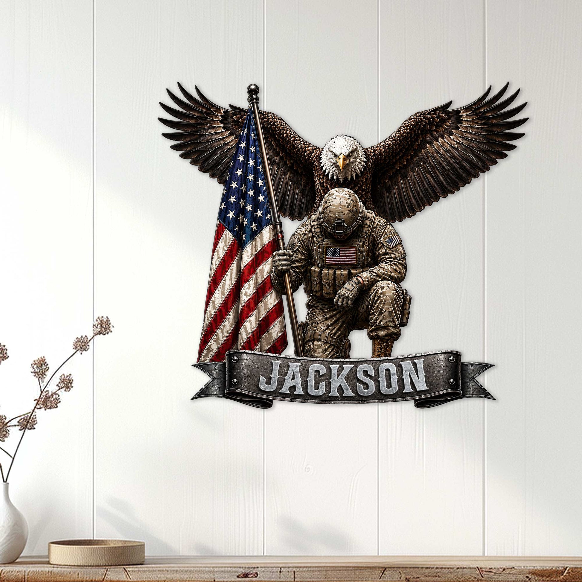 Patriotic military wall sign displayed on a light wood-paneled wall with a soldier, eagle, and American flag