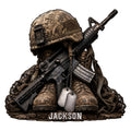 Custom veteran metal sign featuring a camouflaged soldier with helmet, rifle, combat boots, and dog tags