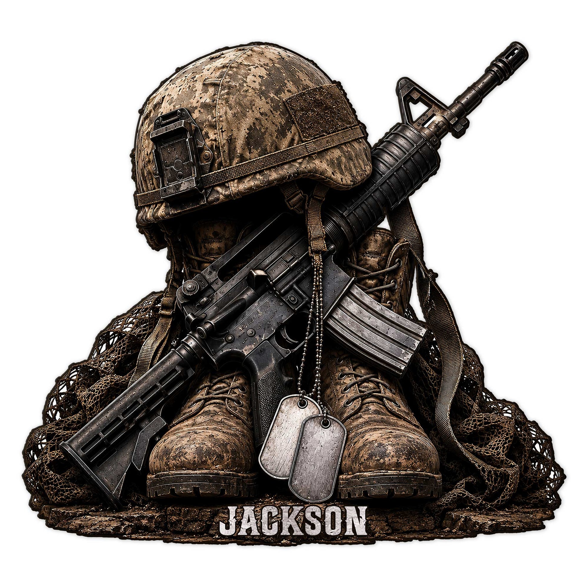 Custom veteran metal sign featuring a camouflaged soldier with helmet, rifle, combat boots, and dog tags