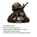 Cut metal sign feature graphic showing a detailed military soldier design with helmet, rifle, boots, and dog tags