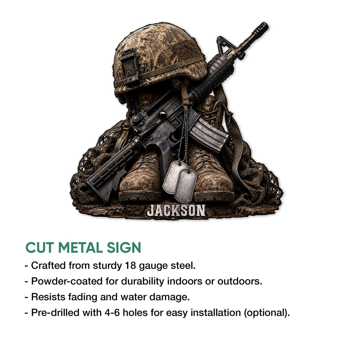 Cut metal sign feature graphic showing a detailed military soldier design with helmet, rifle, boots, and dog tags