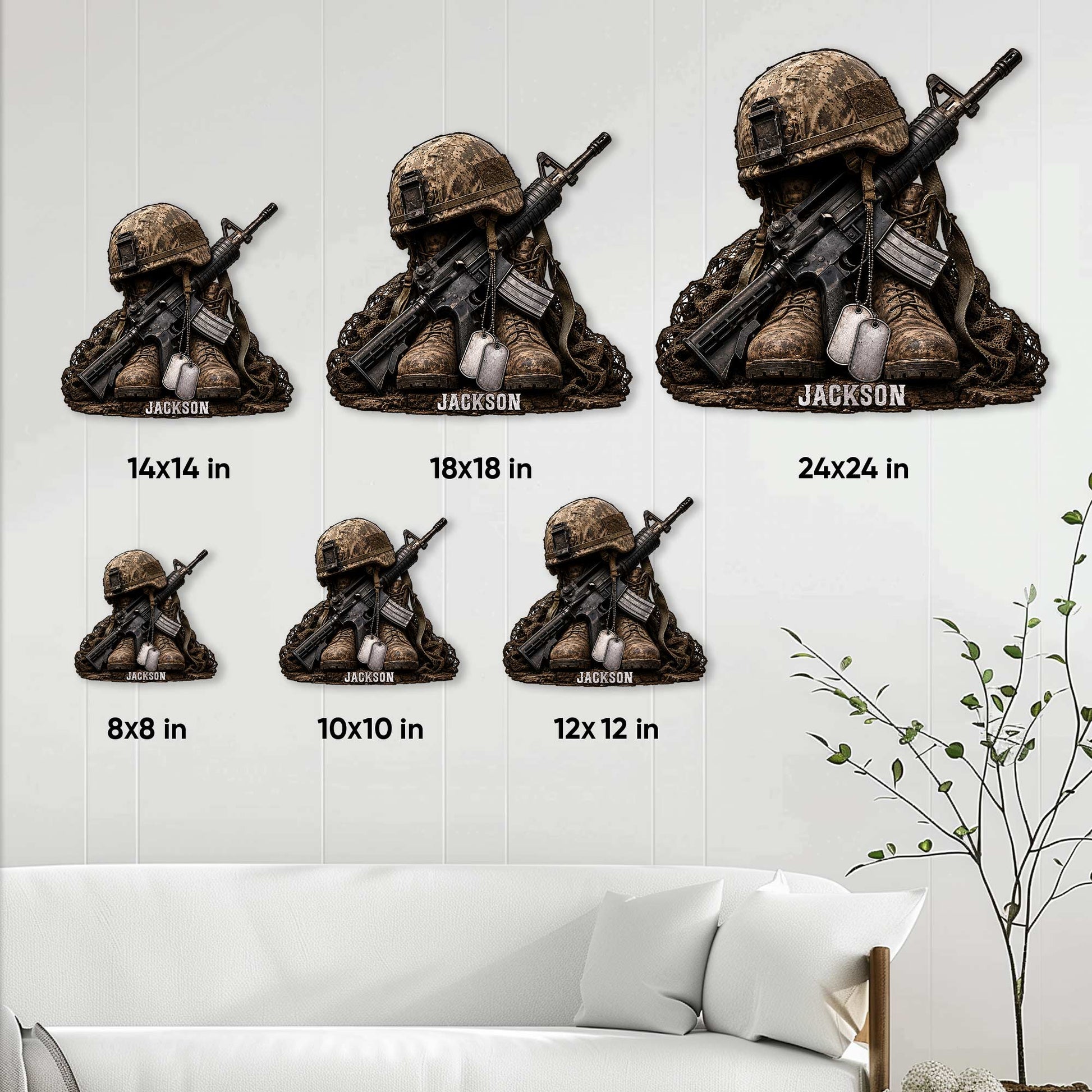 Veteran metal sign size guide showing six available square dimensions from 8x8 to 24x24 inches