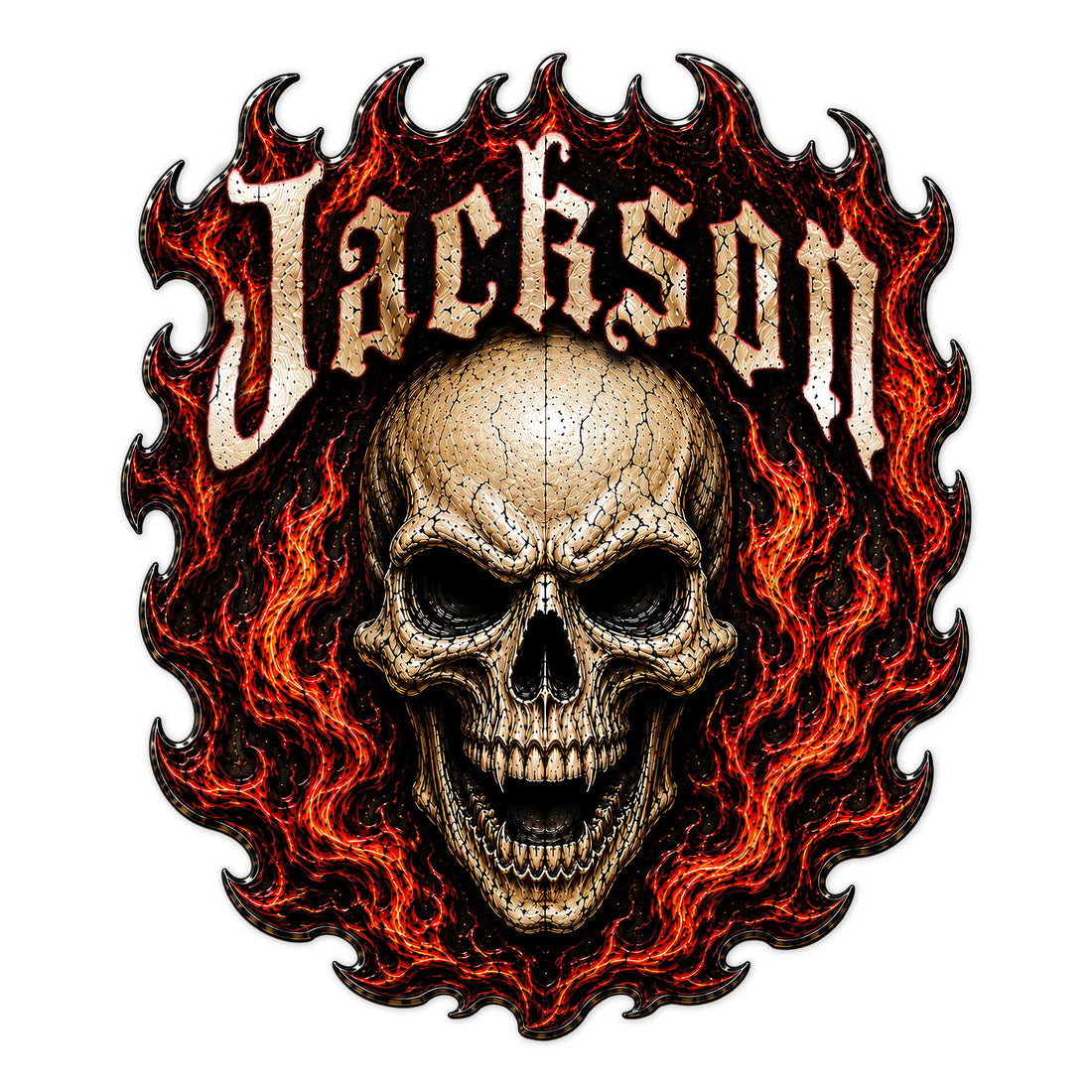 Gothic skull metal sign surrounded by vivid red flames in a bold, dramatic wall art design