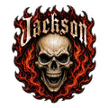 Gothic skull metal sign surrounded by vivid red flames in a bold, dramatic wall art design