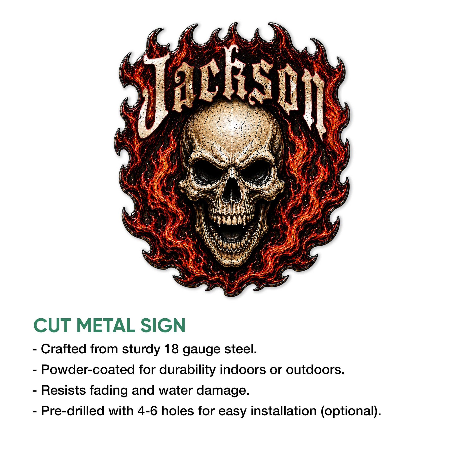 Flaming skull metal sign shown with its cut-metal construction and striking black, red, and gold artwork