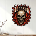 Flaming skull wall sign displayed on white paneled decor for a dramatic gothic accent