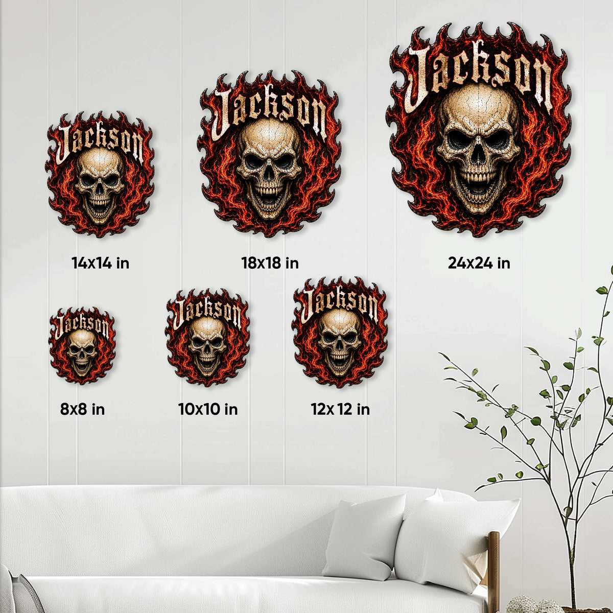 Gothic skull metal sign size guide showing available square sizes from 8 by 8 to 24 by 24 inches