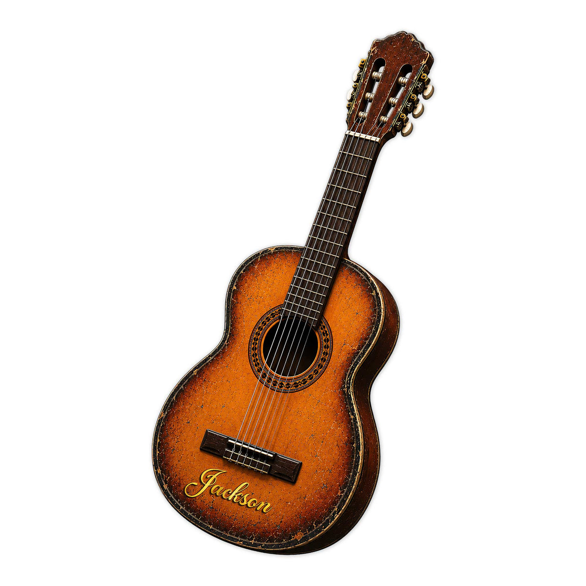 Vintage acoustic guitar-shaped metal sign with a distressed wood-tone finish and classic stringed instrument design