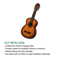 Acoustic guitar metal sign shown in a product feature graphic highlighting its cut-metal sign design