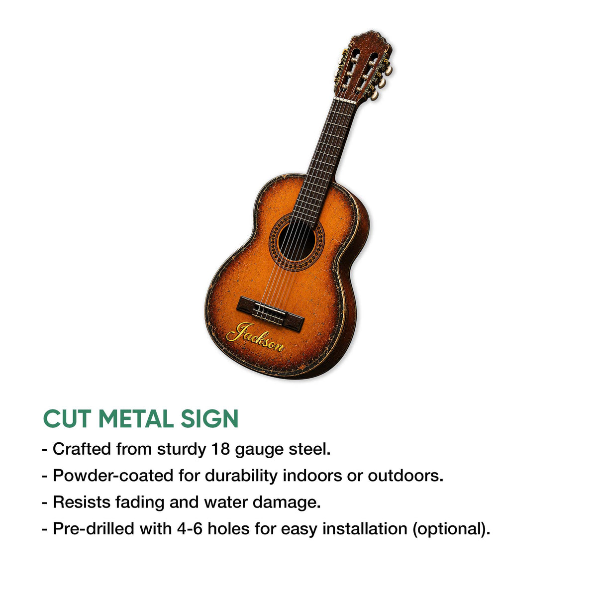 Acoustic guitar metal sign shown in a product feature graphic highlighting its cut-metal sign design