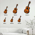 Acoustic guitar metal sign shown in multiple size options on a paneled living room wall