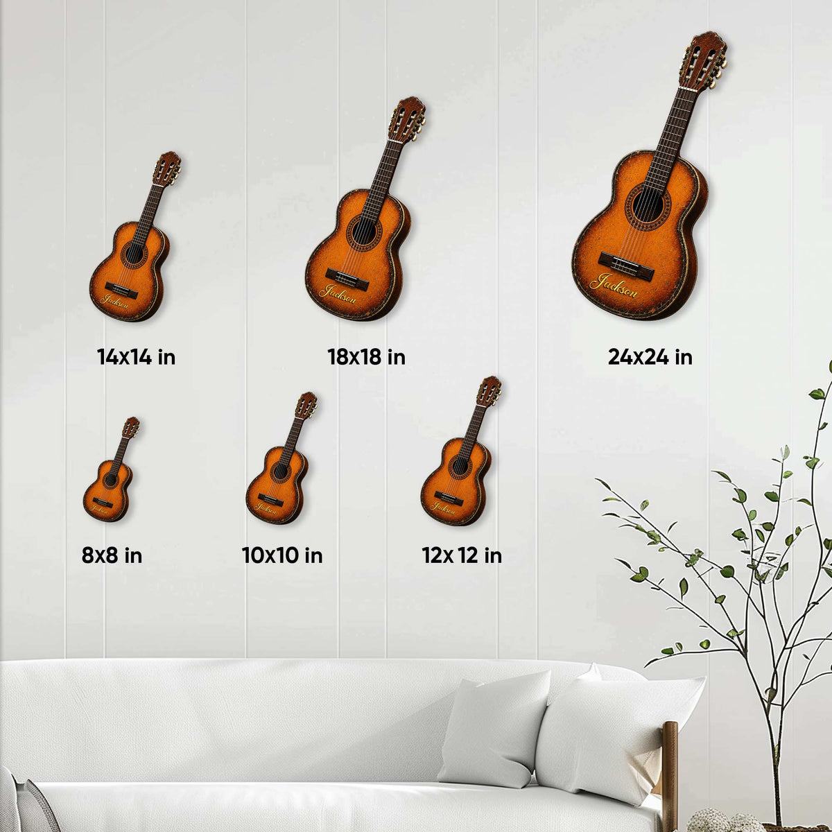 Acoustic guitar metal sign shown in multiple size options on a paneled living room wall