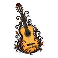 Ornate acoustic guitar metal sign with scrolling floral accents and a warm wood-tone design