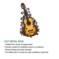 Decorative acoustic guitar metal sign shown with a cut-metal sign feature overview