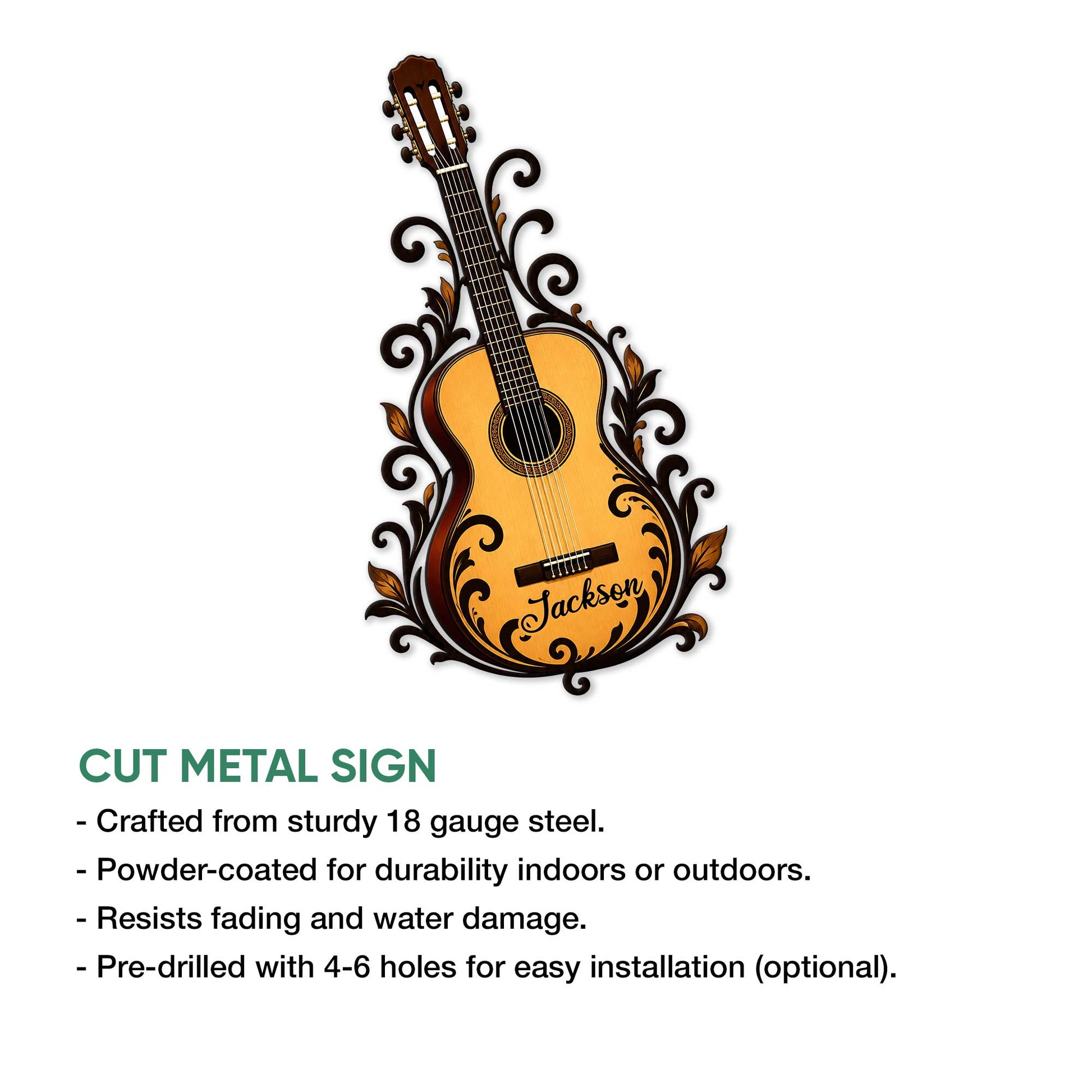 Decorative acoustic guitar metal sign shown with a cut-metal sign feature overview