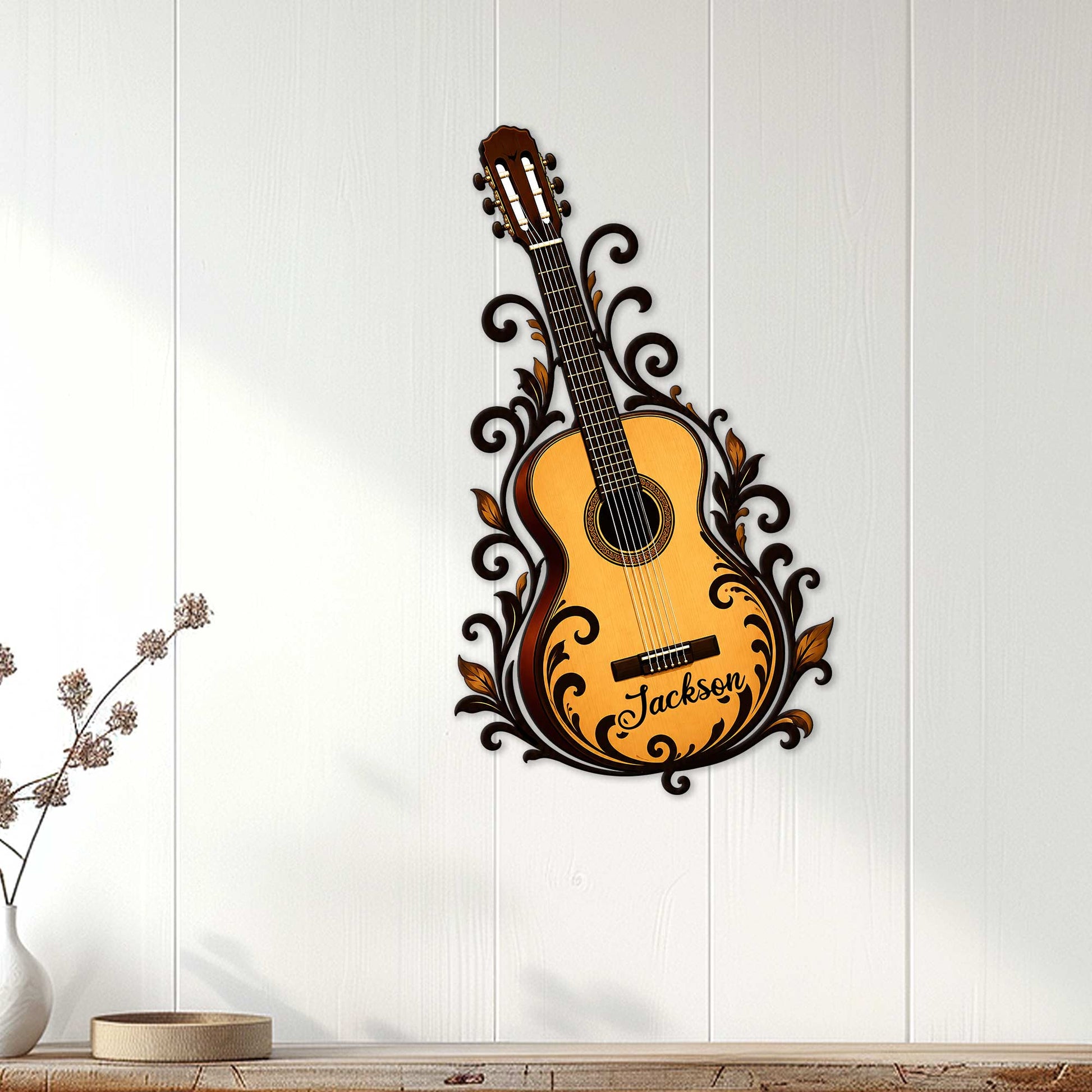 Ornate guitar wall sign displayed on a light paneled wall in a stylish living space