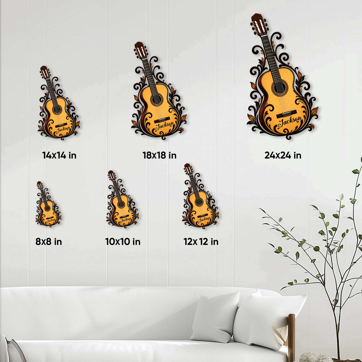 Acoustic guitar metal sign size guide showing six available square size options
