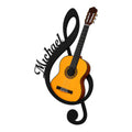 Custom guitar metal sign featuring a warm acoustic guitar framed by a bold black musical silhouette