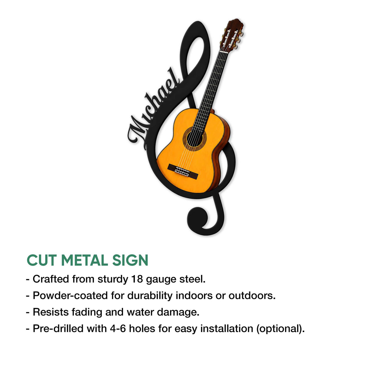 Acoustic guitar metal sign shown with a product feature infographic and clean cut-metal design