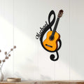 Guitar wall decor displayed on a light wood-paneled wall in a bright, modern living space