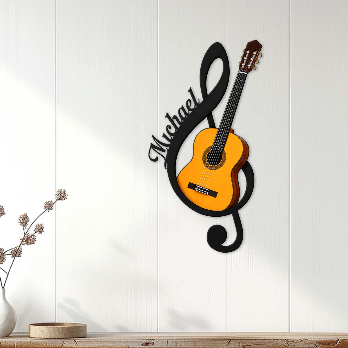 Guitar wall decor displayed on a light wood-paneled wall in a bright, modern living space