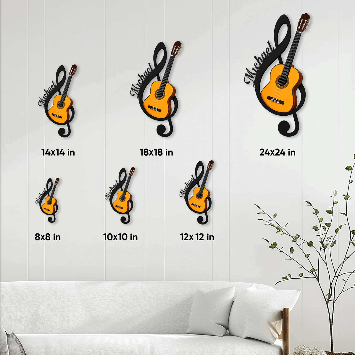 Acoustic guitar metal sign shown in multiple size options from 8 by 8 to 24 by 24 inches