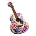 Floral acoustic guitar metal sign featuring colorful watercolor flowers and a vibrant purple-pink design