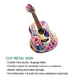 Floral acoustic guitar metal sign shown with a cut-metal sign feature infographic