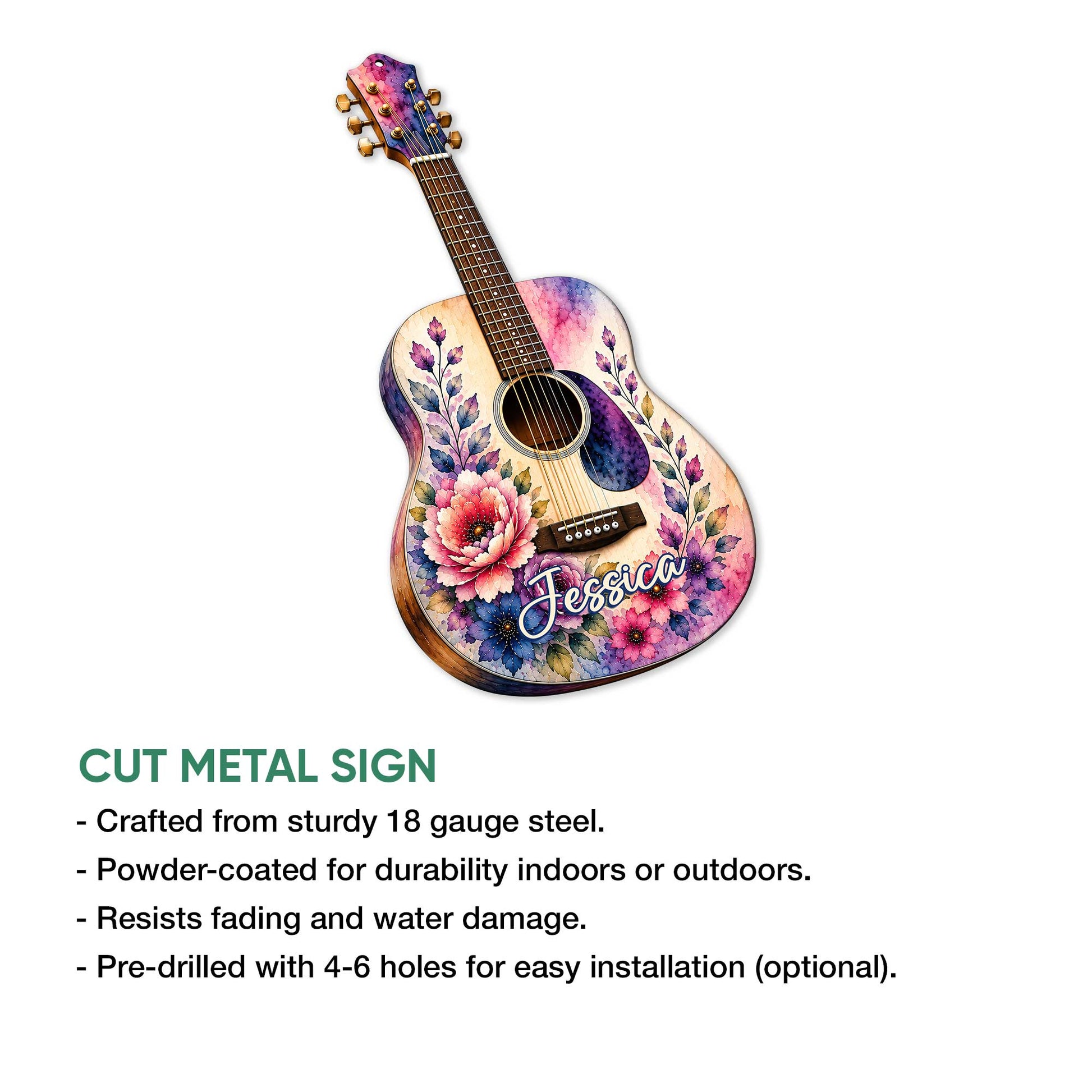 Floral acoustic guitar metal sign shown with a cut-metal sign feature infographic