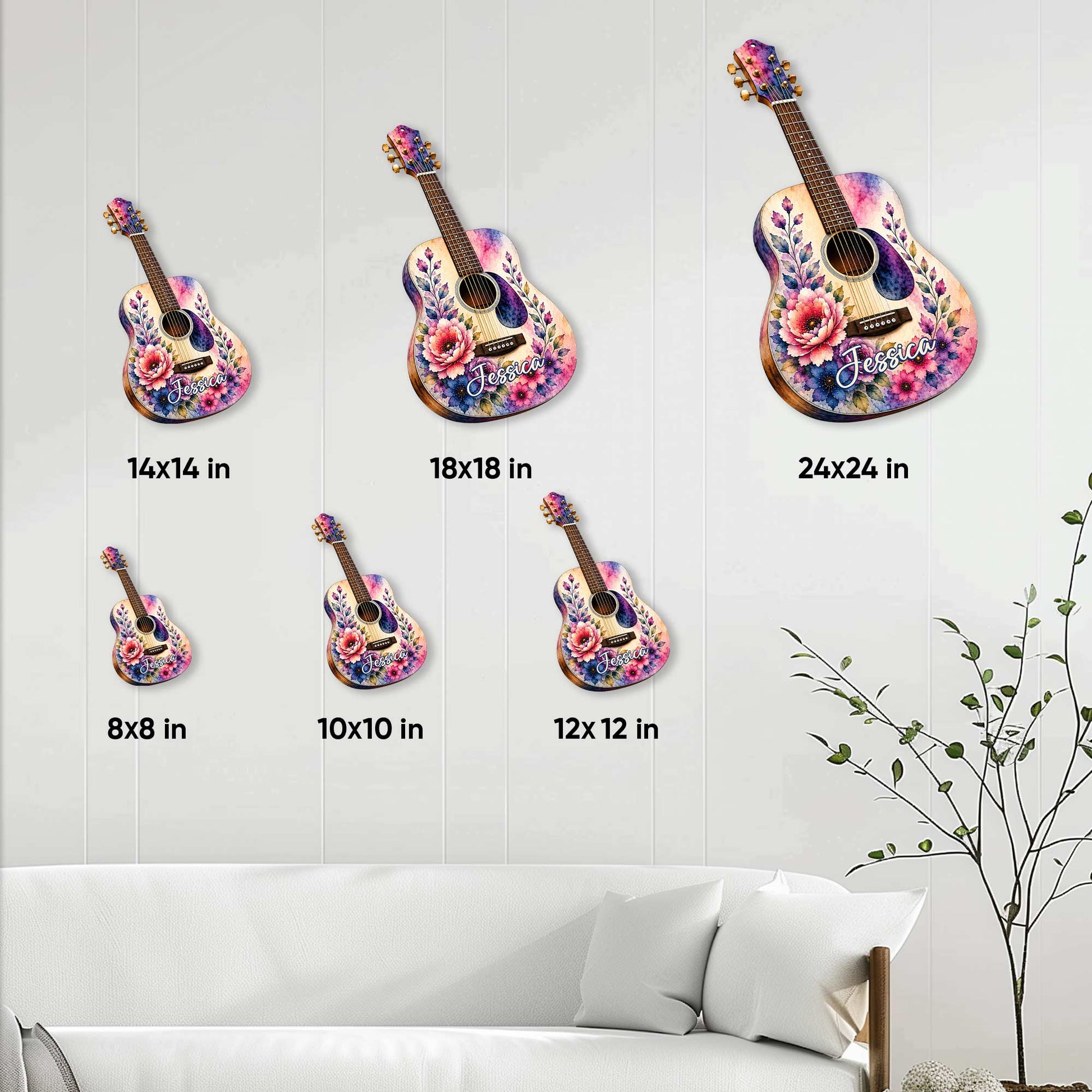 Floral acoustic guitar metal sign size guide showing available square sizes from 8x8 to 24x24 inches
